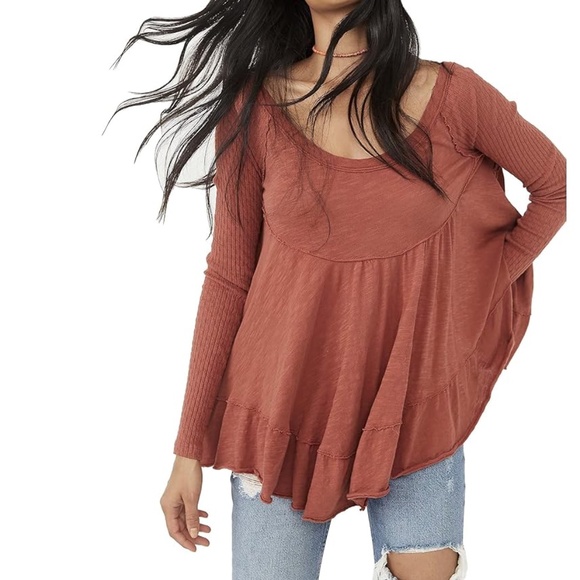 Free People Sundae Tee Rust Long Sleeve Tiered Dress XS - Picture 1 of 7